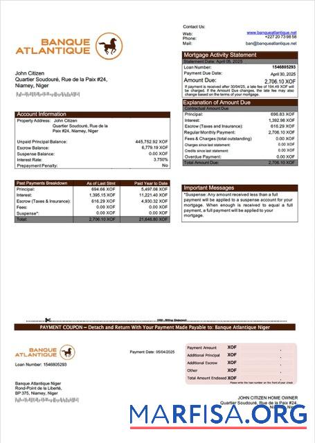 Downloadable Niger Banque Atlantique Niger mortgage statement Word and PDF template